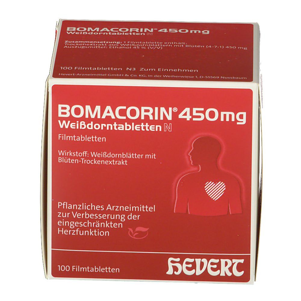 Rote Schachtel BOMACORIN® 450 mg Weissdorntabletten N. Produktname, Informationen und Herzsymbol. 100 Filmtabletten. SEVERT-Logo.