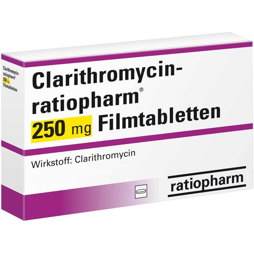 Schachtel mit CLARITHROMYCIN ratiopharm 250 mg Filmtabletten. Weiß, lila und gelb. Schriftzug: ratiopharm.