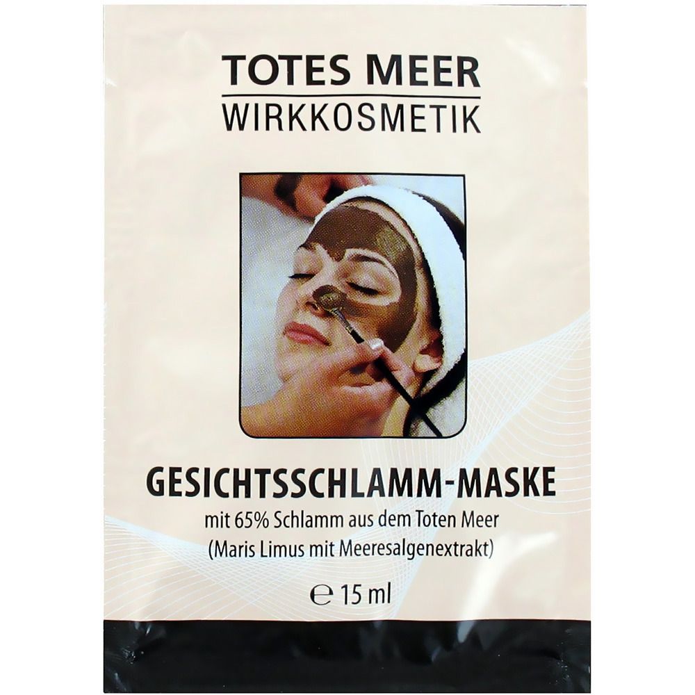 Gesichtsmaske-Packung mit Produktabbildung. Text: TOTES MEER WIRKKOSMETIK, GESICHTSSCHLAMM-MASKE, 15 ml. Frau mit Maske auf dem Gesicht.