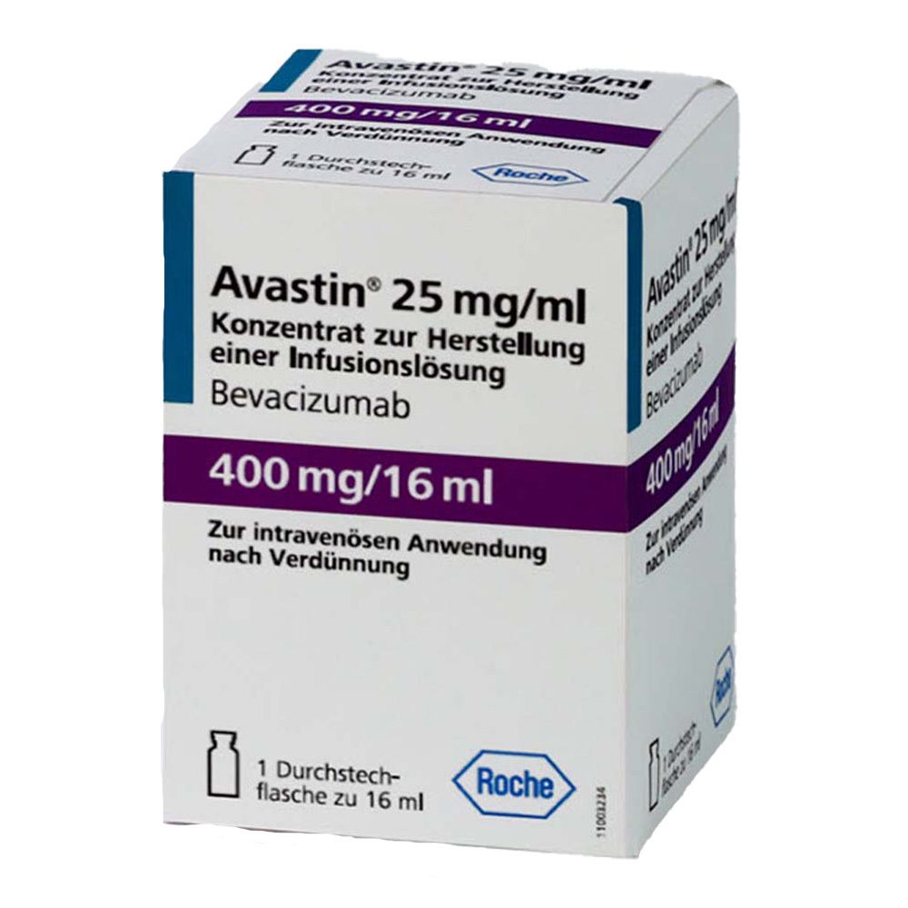 Verpackung von Avastin 25 mg/ml. Konzentrat zur Herstellung einer Infusionslösung. Enthält Bevacizumab. 400 mg/16 ml. Roche-Logo.