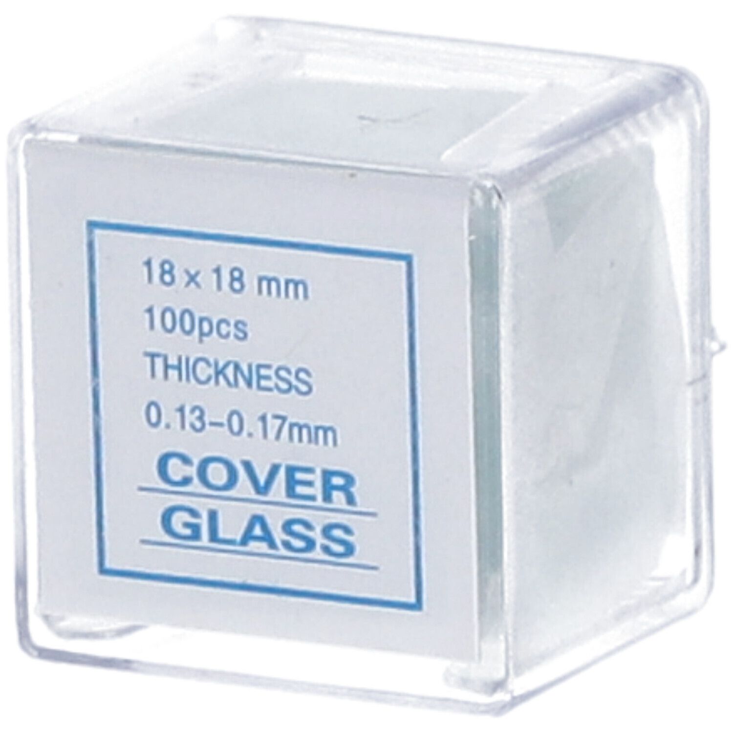 Quadratische, transparente Kunststoffbox mit Deckgläsern. Aufkleber mit Produktinformationen: 18x18 mm, 100 Stück, Dicke 0,13-0,17 mm, Cover Glass.