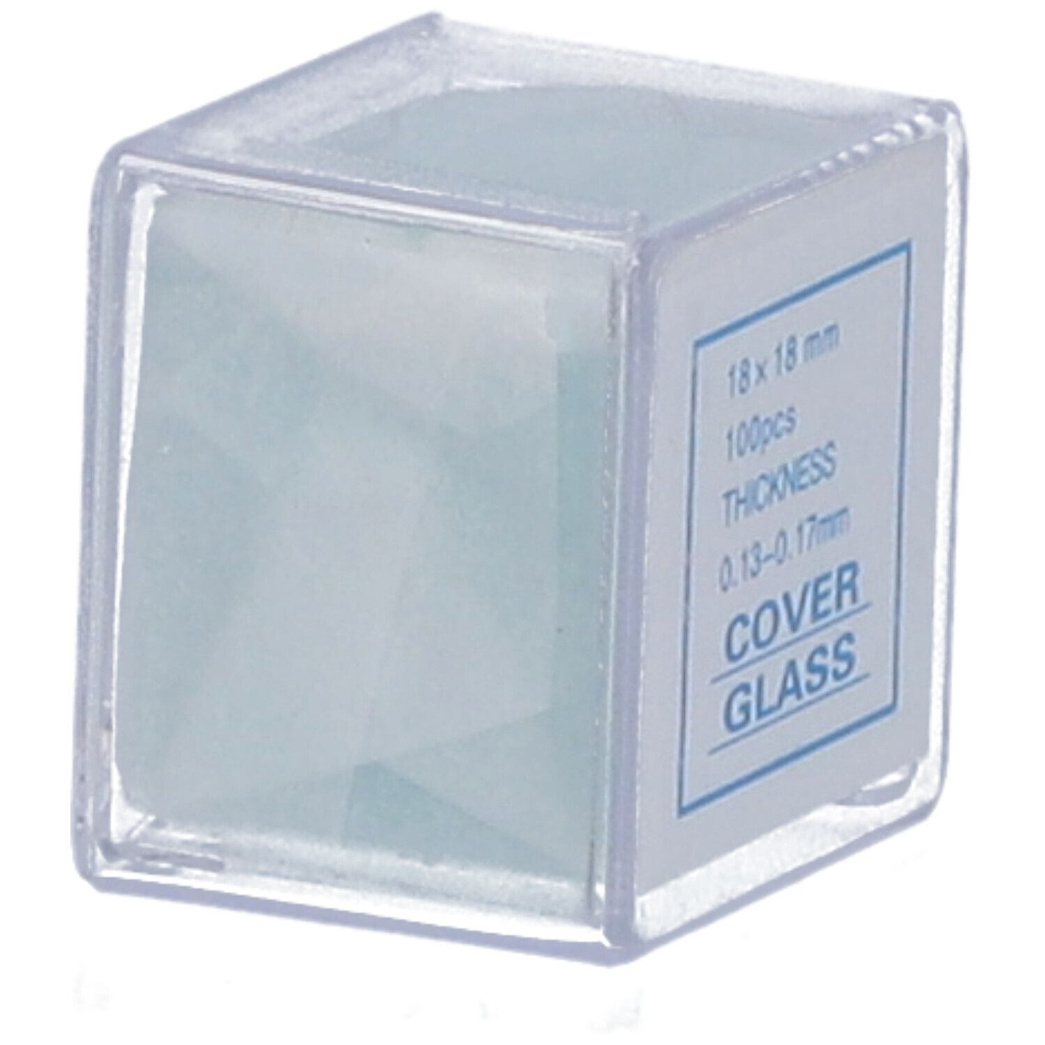 Transparente Kunststoffbox mit Deckgläsern. Die Gläser sind sichtbar. Aufkleber mit Produktinformationen: 18x18 mm, 100 Stück, Dicke 0,13-0,17 mm, Cover Glass.