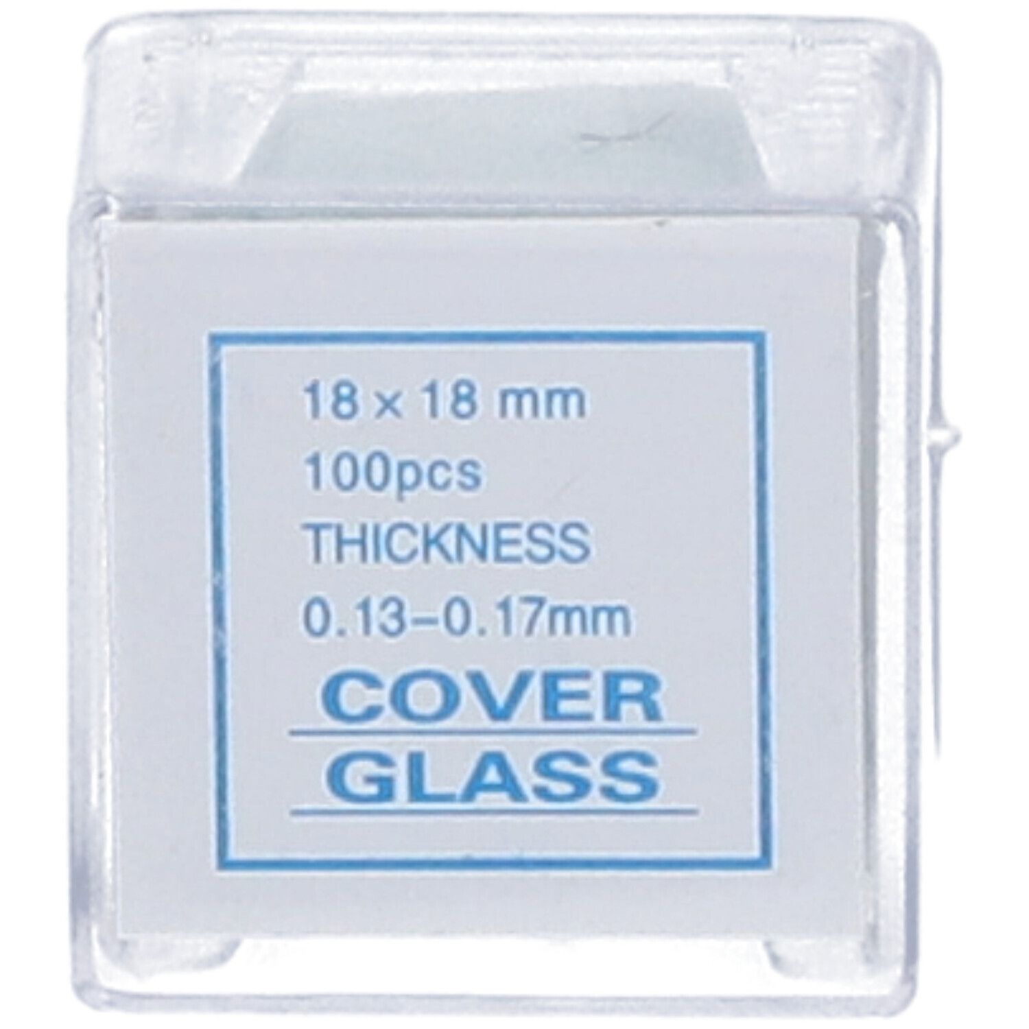 Quadratische, transparente Kunststoffbox mit Deckgläsern. Aufkleber mit Produktinformationen: 18x18 mm, 100 Stück, Dicke 0,13-0,17 mm, Cover Glass.