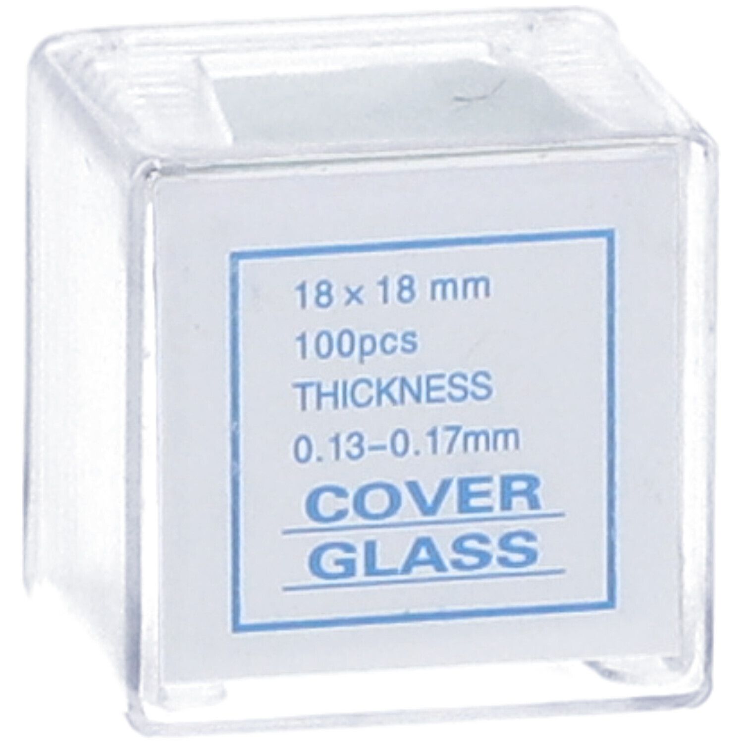 Quadratische, transparente Kunststoffbox mit Deckgläsern. Aufkleber mit Produktinformationen: 18x18 mm, 100 Stück, Dicke 0,13-0,17 mm, Cover Glass.