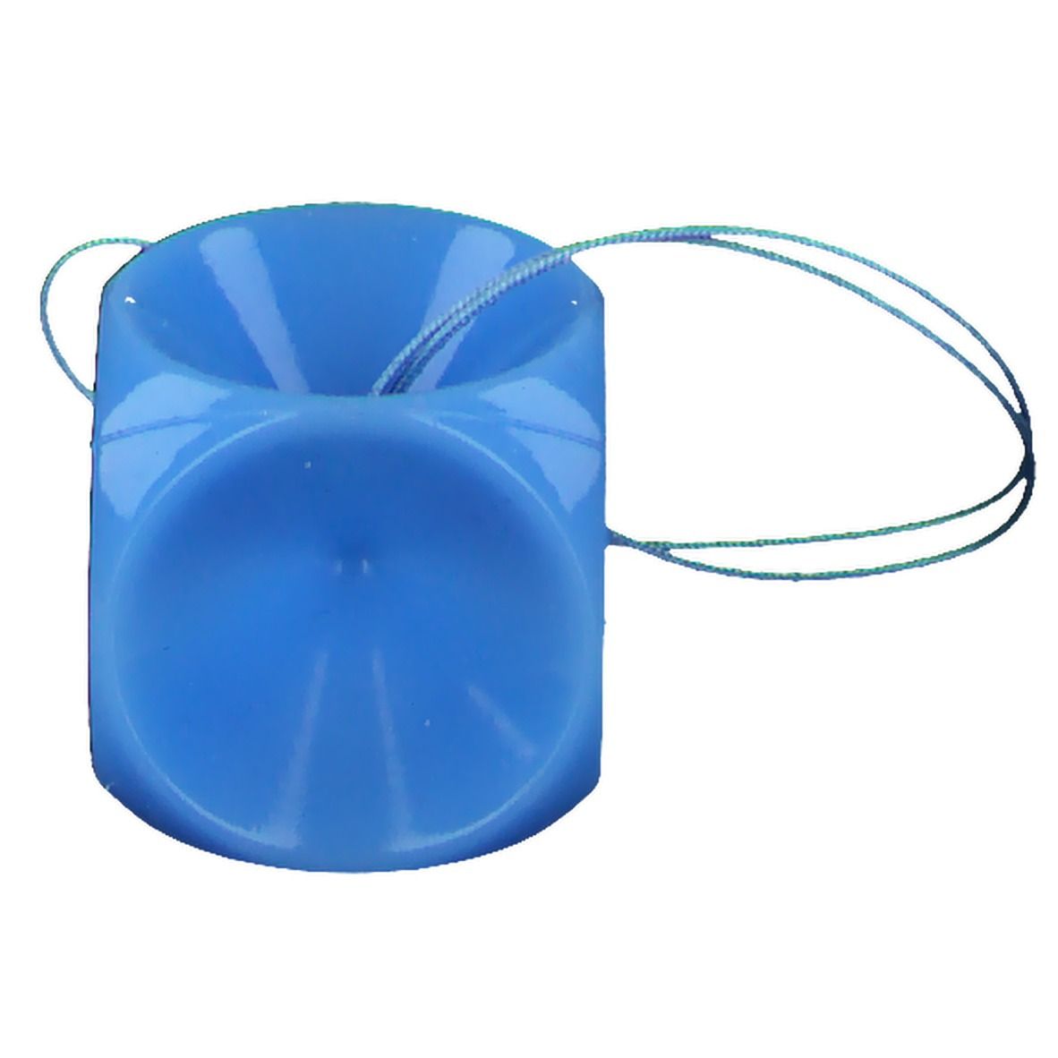Blauer Würfelpessar mit Schnur. Zylindrische Form mit trichterförmiger Öffnung. Silikon.
