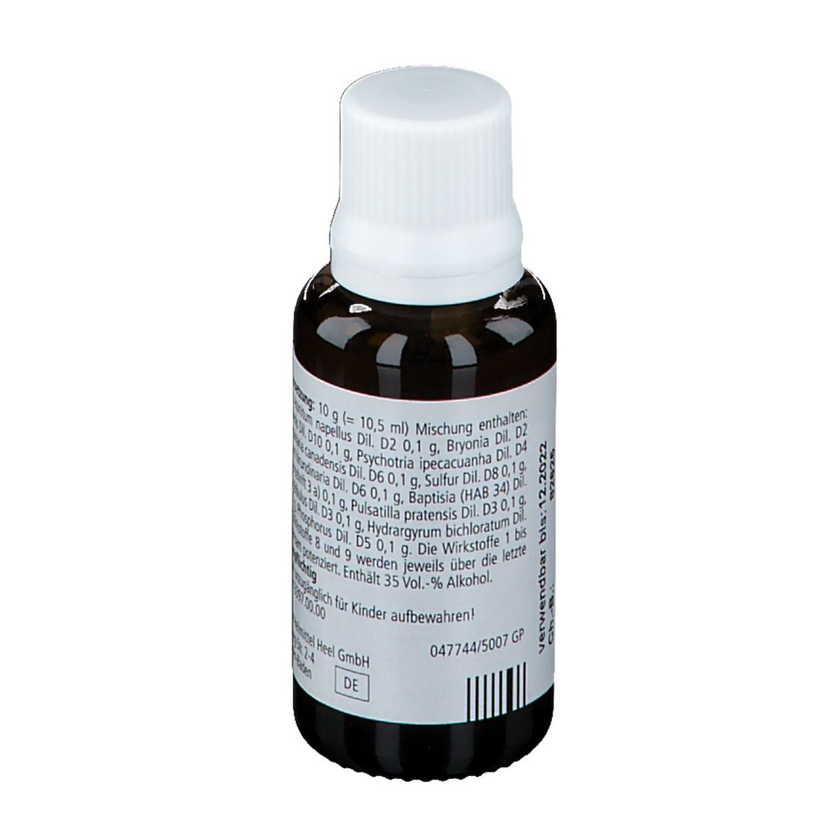 Braune Glasflasche mit weißem Deckel. Etikett mit Inhaltsstoffen und weiteren Informationen. Marke Heel.