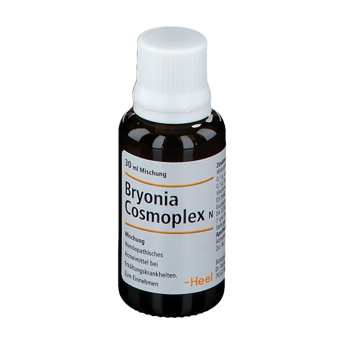 Braune Glasflasche mit weißem Deckel. Etikett mit Produktnamen Bryonia Cosmoplex N und weiteren Informationen.