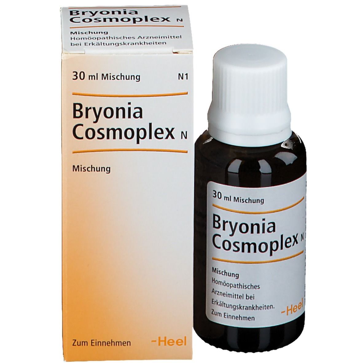 Produktflasche und Verpackung. Flasche mit weißem Deckel und Etikett. Karton mit Produktnamen Bryonia Cosmoplex N.