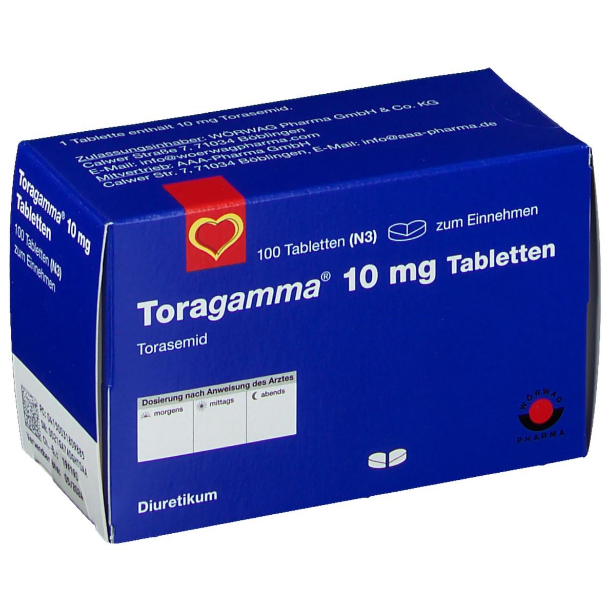 Blaue Schachtel mit "Toragamma 10 mg Tabletten". Enthält 100 Tabletten. Rotes Herz-Logo. Text in Deutsch.