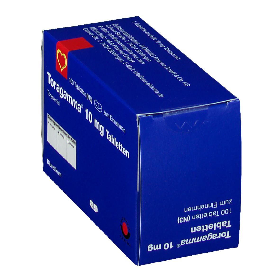Blaue Schachtel mit "Toragamma 10 mg Tabletten". Enthält 100 Tabletten. Rotes Herz-Logo. Text in Deutsch.