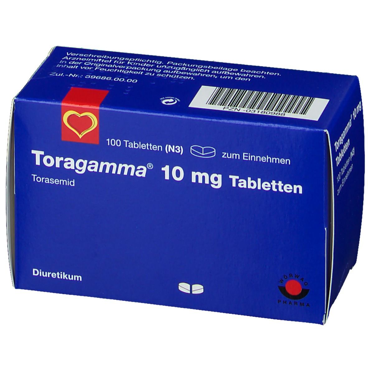 Blaue Schachtel mit "Toragamma 10 mg Tabletten". Enthält 100 Tabletten. Rotes Herz-Logo. Text in Deutsch.