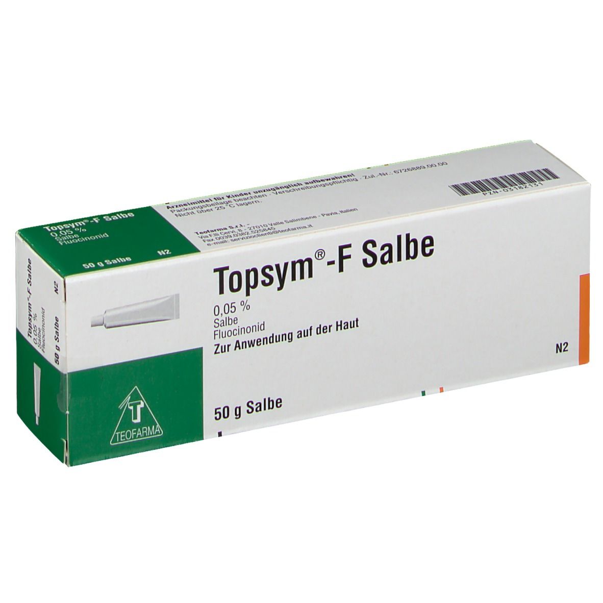Weißer Karton mit "TOPSYM-F Salbe"-Aufdruck. Enthält eine Tube Salbe. Aufschrift: 0,05% Salbe Fluocinomid.