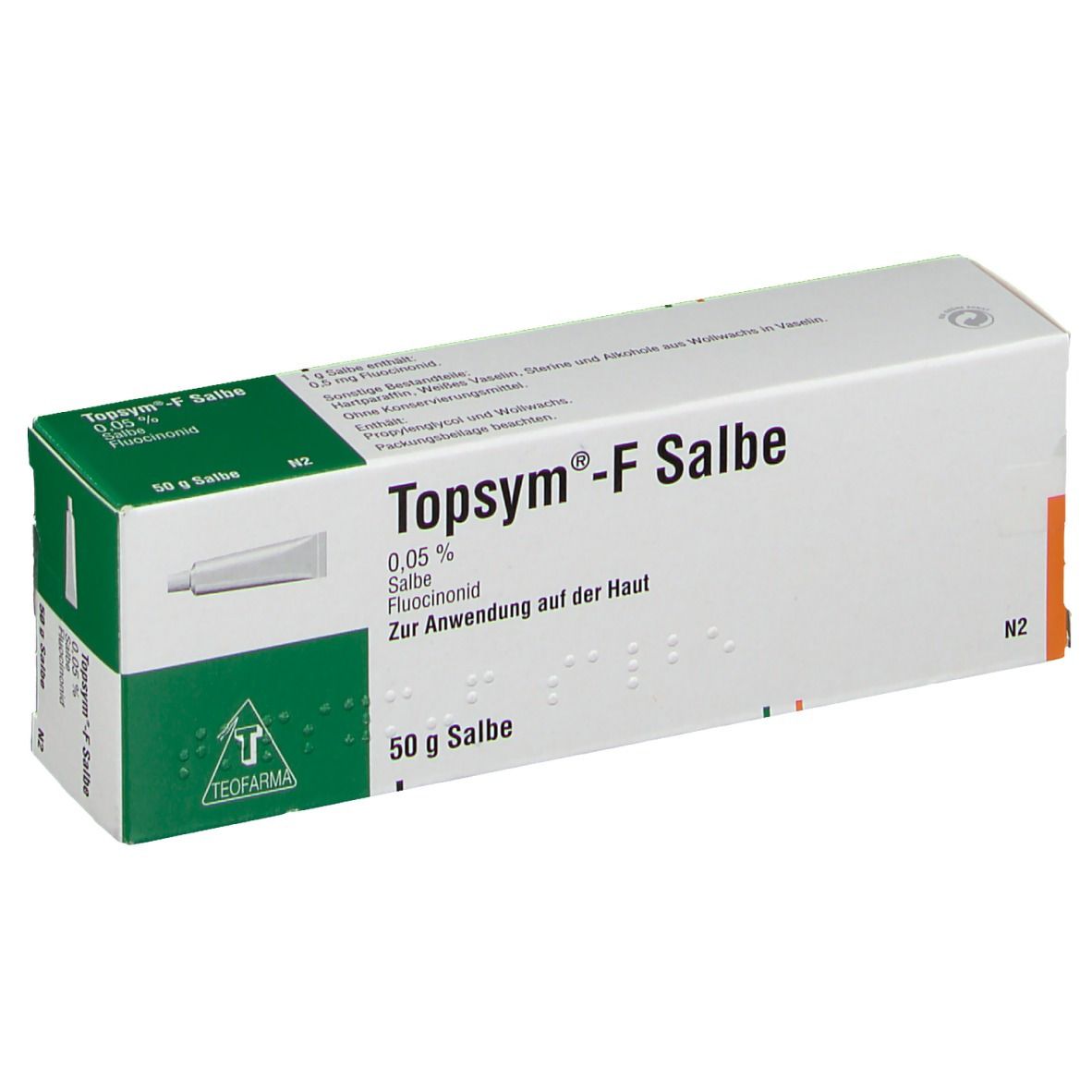 Weißer Karton mit "TOPSYM-F Salbe"-Aufdruck. Enthält eine Tube Salbe. Aufschrift: 0,05% Salbe Fluocinomid.