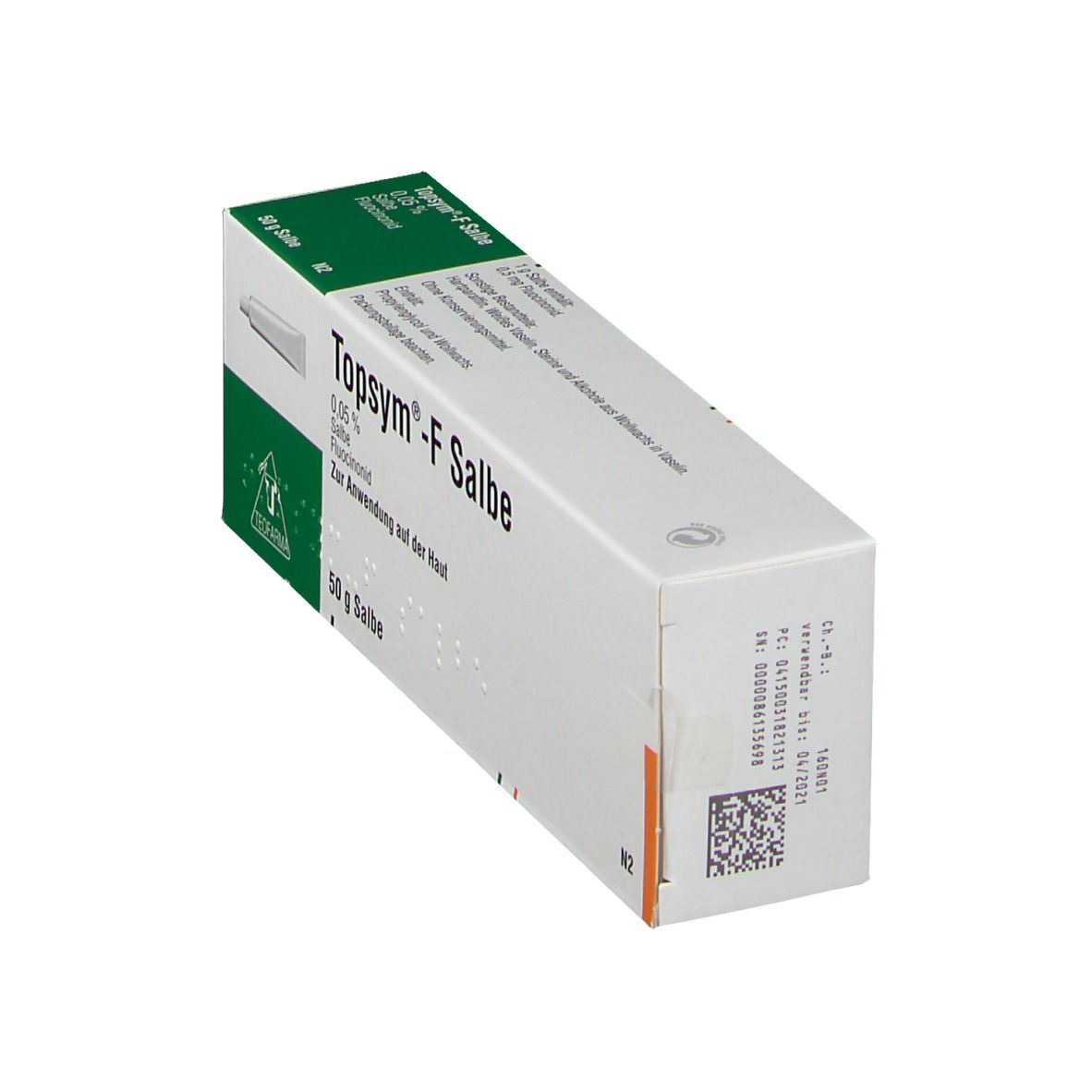 Schräg stehende weiße Schachtel mit "TOPSYM-F Salbe"-Aufdruck. Enthält eine Tube Salbe. Grüne und orangefarbene Akzente.