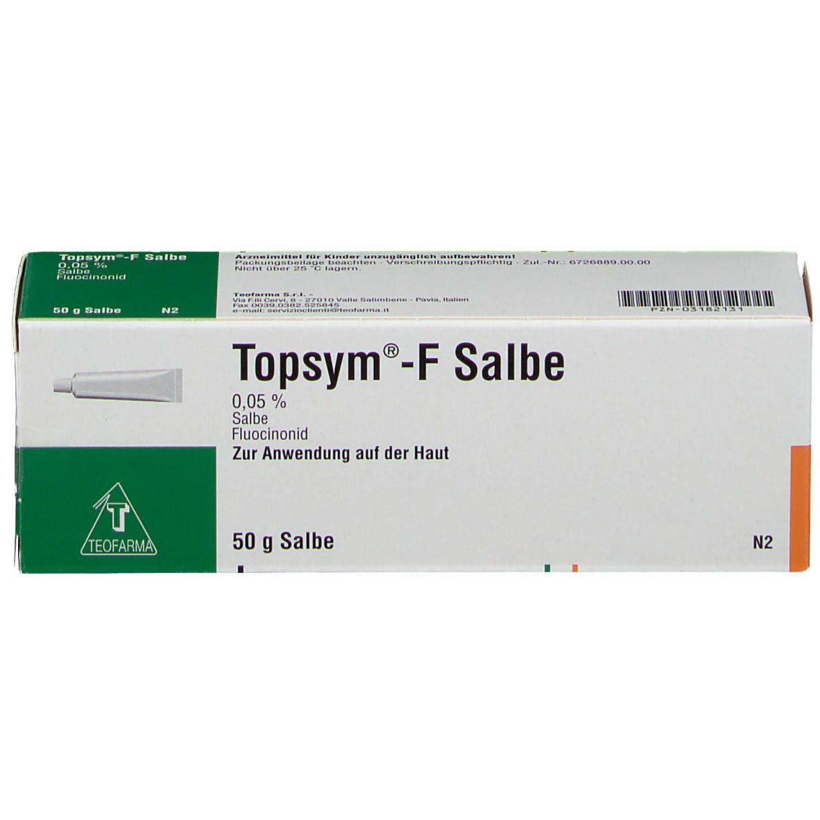 Weißer Karton mit "TOPSYM-F Salbe"-Aufdruck. Enthält eine Tube Salbe. Aufschrift: 0,05% Salbe Fluocinomid.