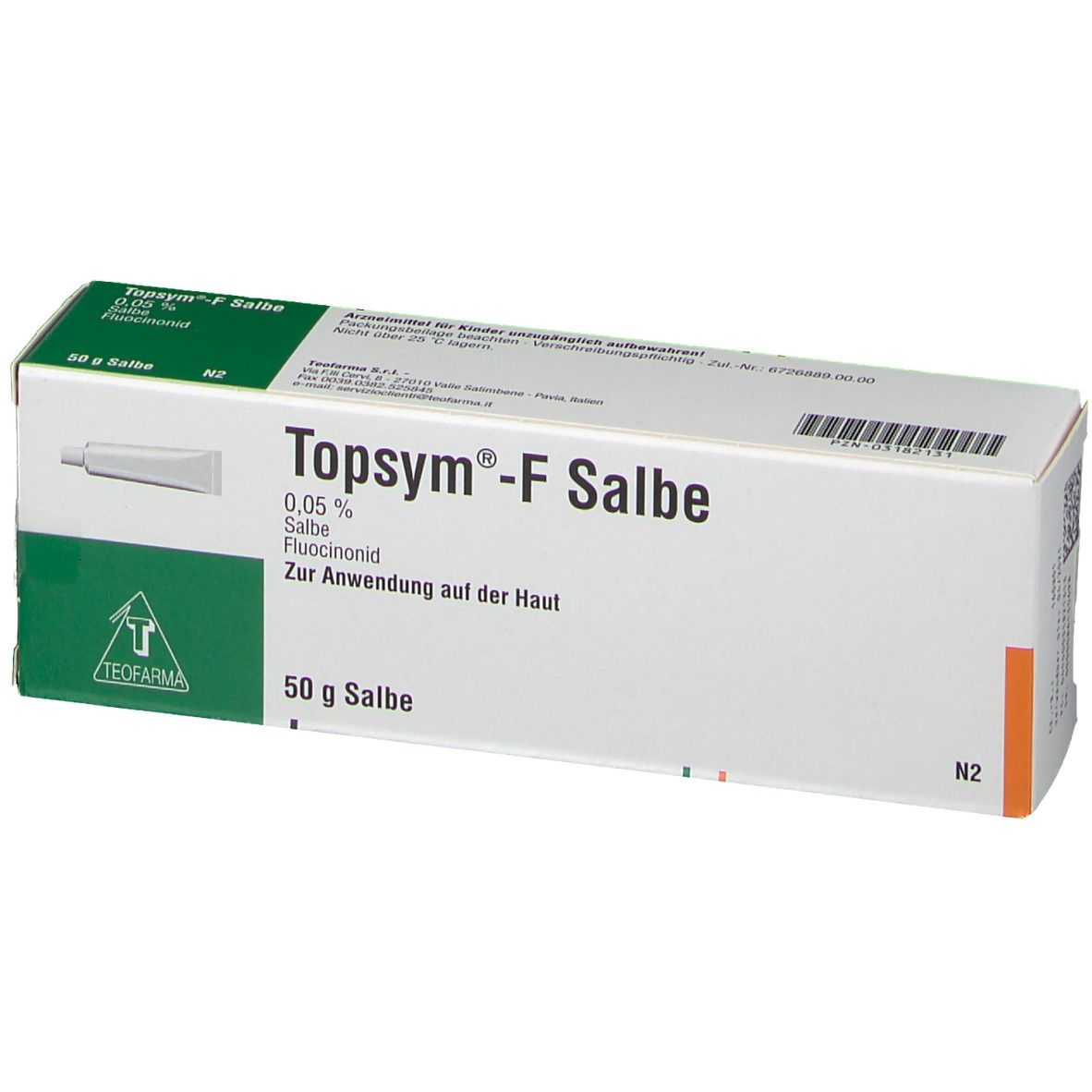 Weißer Karton mit "TOPSYM-F Salbe"-Aufdruck. Enthält eine Tube Salbe. Aufschrift: 0,05% Salbe Fluocinomid.