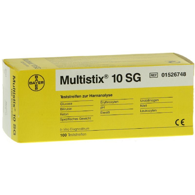 Gelbe Verpackung mit Aufschrift "Multistix 10 SG". Enthält Teststreifen zur Harnanalyse. Mit CE-Kennzeichnung.