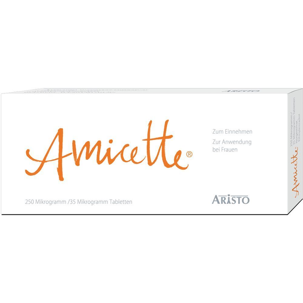 Weiße Schachtel mit dem Schriftzug "Amicette" in Orange. Darunter steht "250 Mikrogramm / 35 Mikrogramm Tabletten". Das Logo von Aristo ist ebenfalls sichtbar.