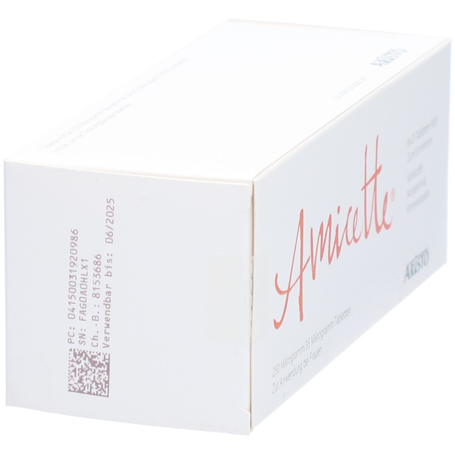 Weiße Schachtel mit orangefarbenem Schriftzug Amicette. 6x21 Tabletten. Wirkstoffe: Norgestimat, Ethinylestradiol. Aristo-Logo.