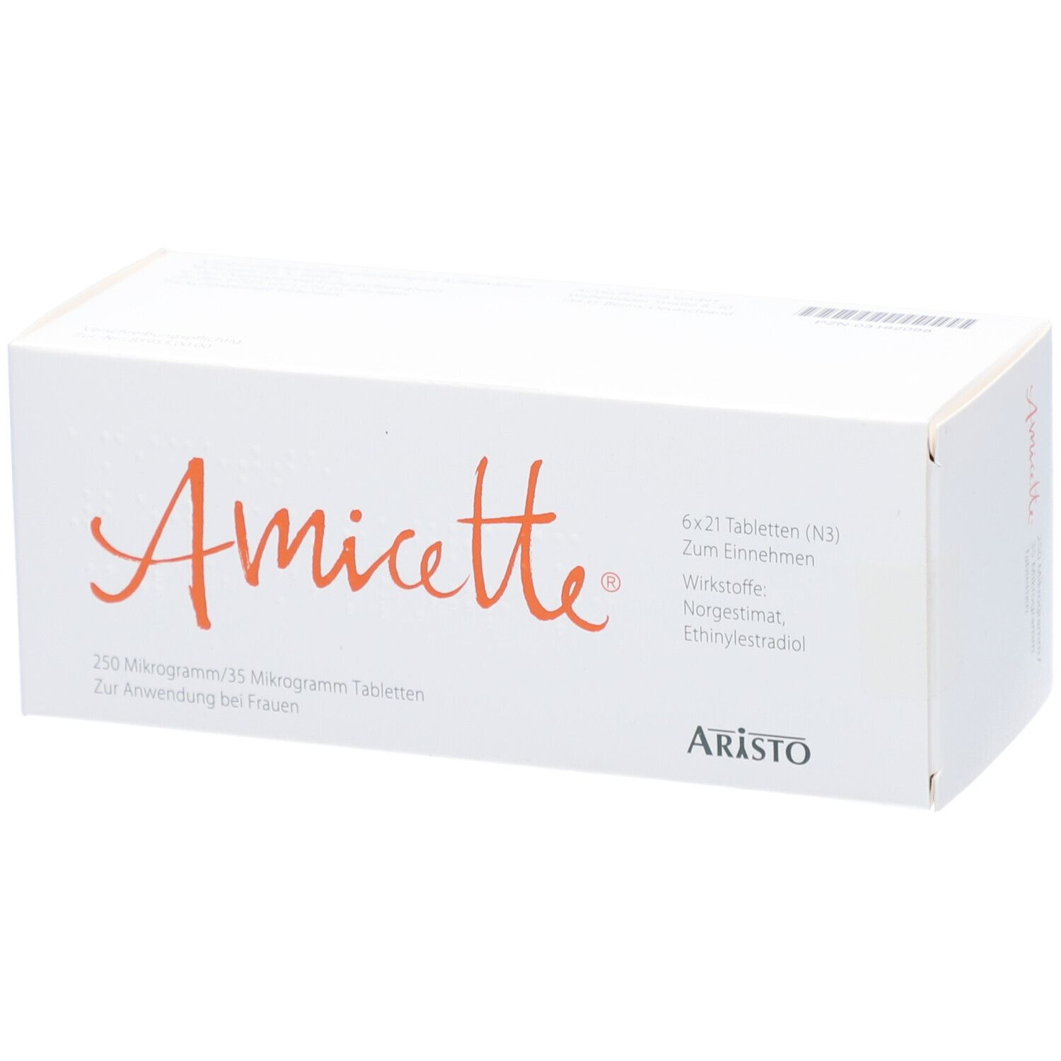 Weiße Schachtel mit orangefarbenem Schriftzug Amicette. 6x21 Tabletten. Wirkstoffe: Norgestimat, Ethinylestradiol. Aristo-Logo.