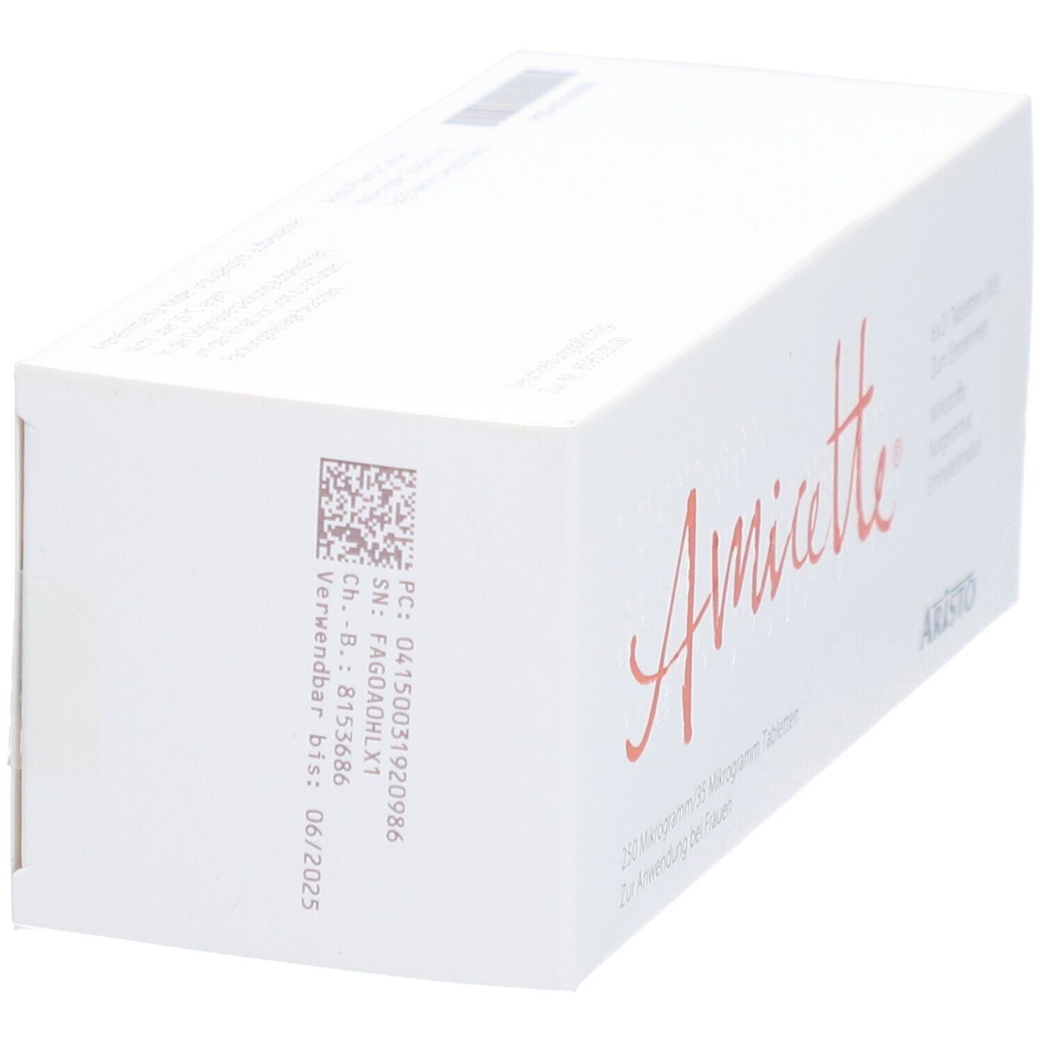 Weiße Schachtel mit orangefarbenem Schriftzug Amicette. 6x21 Tabletten. Wirkstoffe: Norgestimat, Ethinylestradiol. Aristo-Logo.