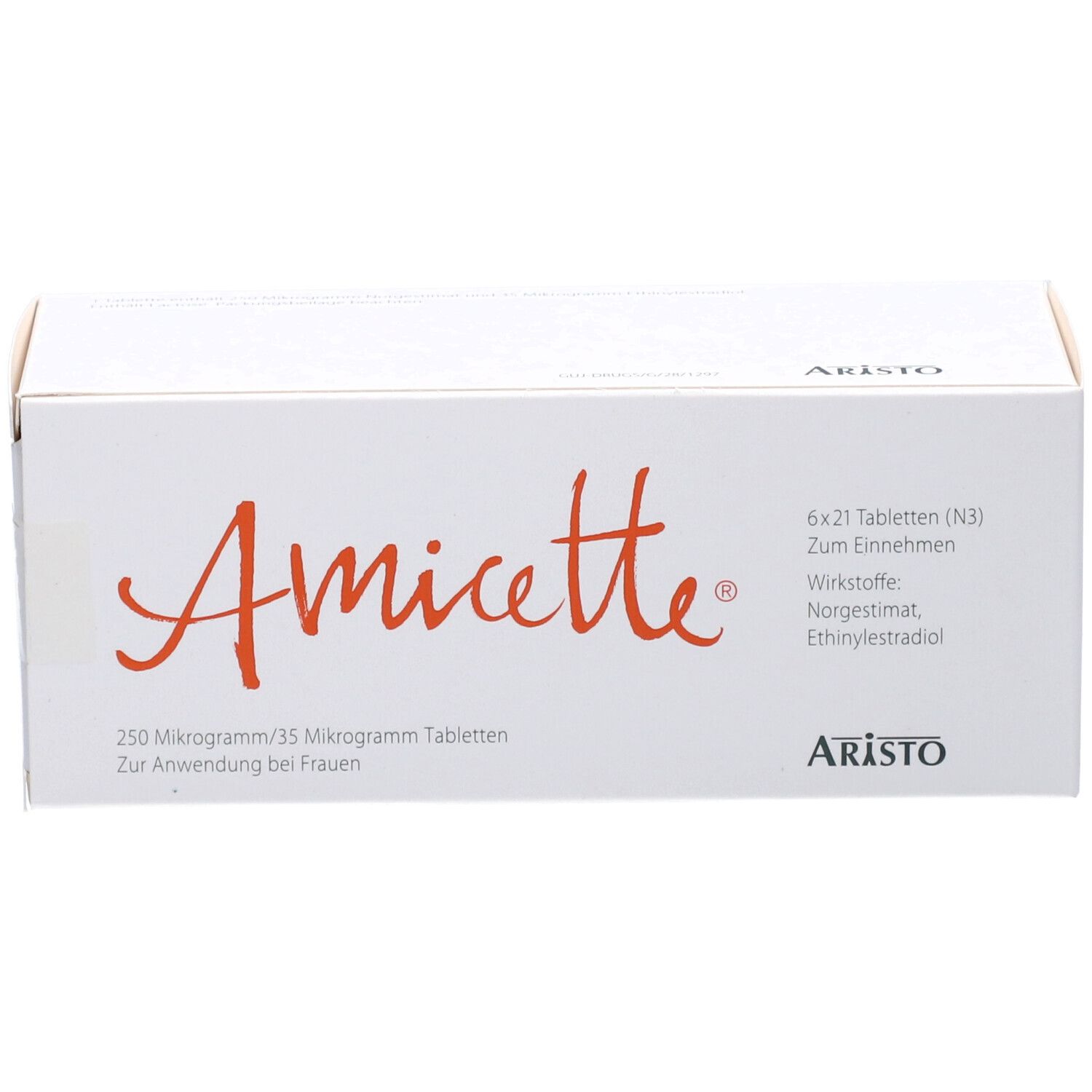 Weiße Schachtel mit orangefarbenem Schriftzug Amicette. 6x21 Tabletten. Wirkstoffe: Norgestimat, Ethinylestradiol. Aristo-Logo.