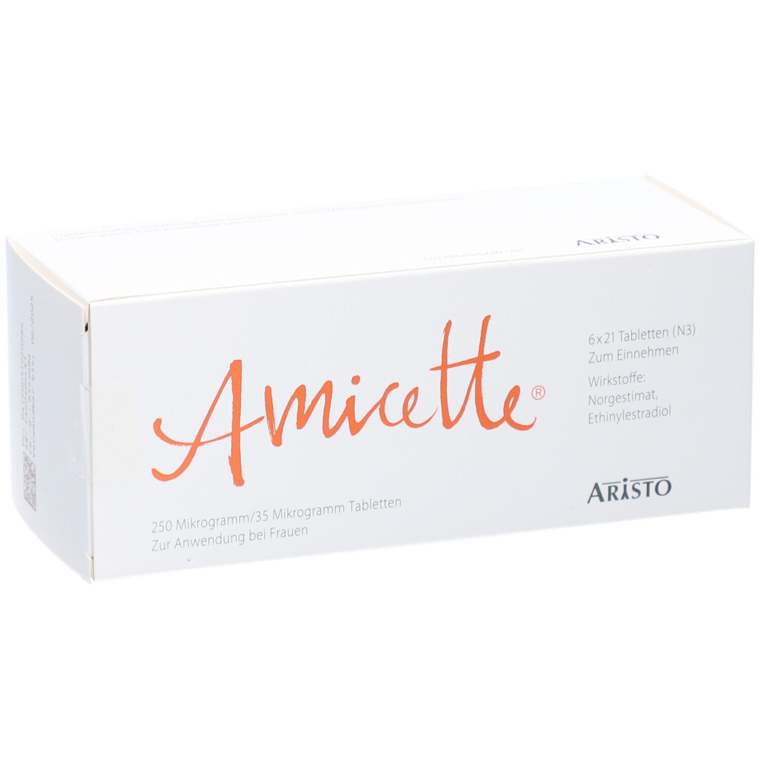 Weiße Schachtel mit orangefarbenem Schriftzug Amicette. 6x21 Tabletten. Wirkstoffe: Norgestimat, Ethinylestradiol. Aristo-Logo.