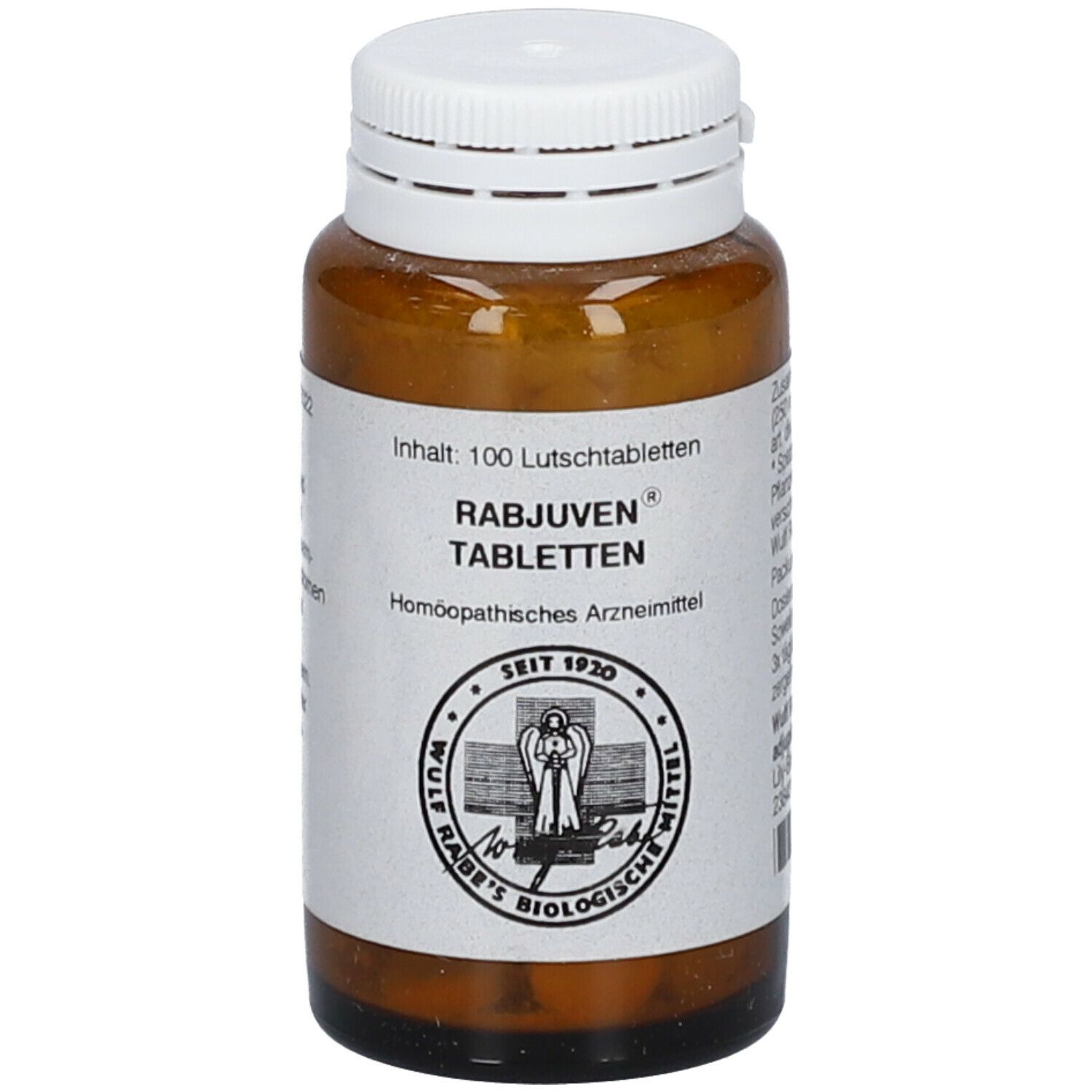 Braune Glasflasche mit weißen Deckel. Aufkleber mit Produktinformationen. Rabjuven Tabletten.