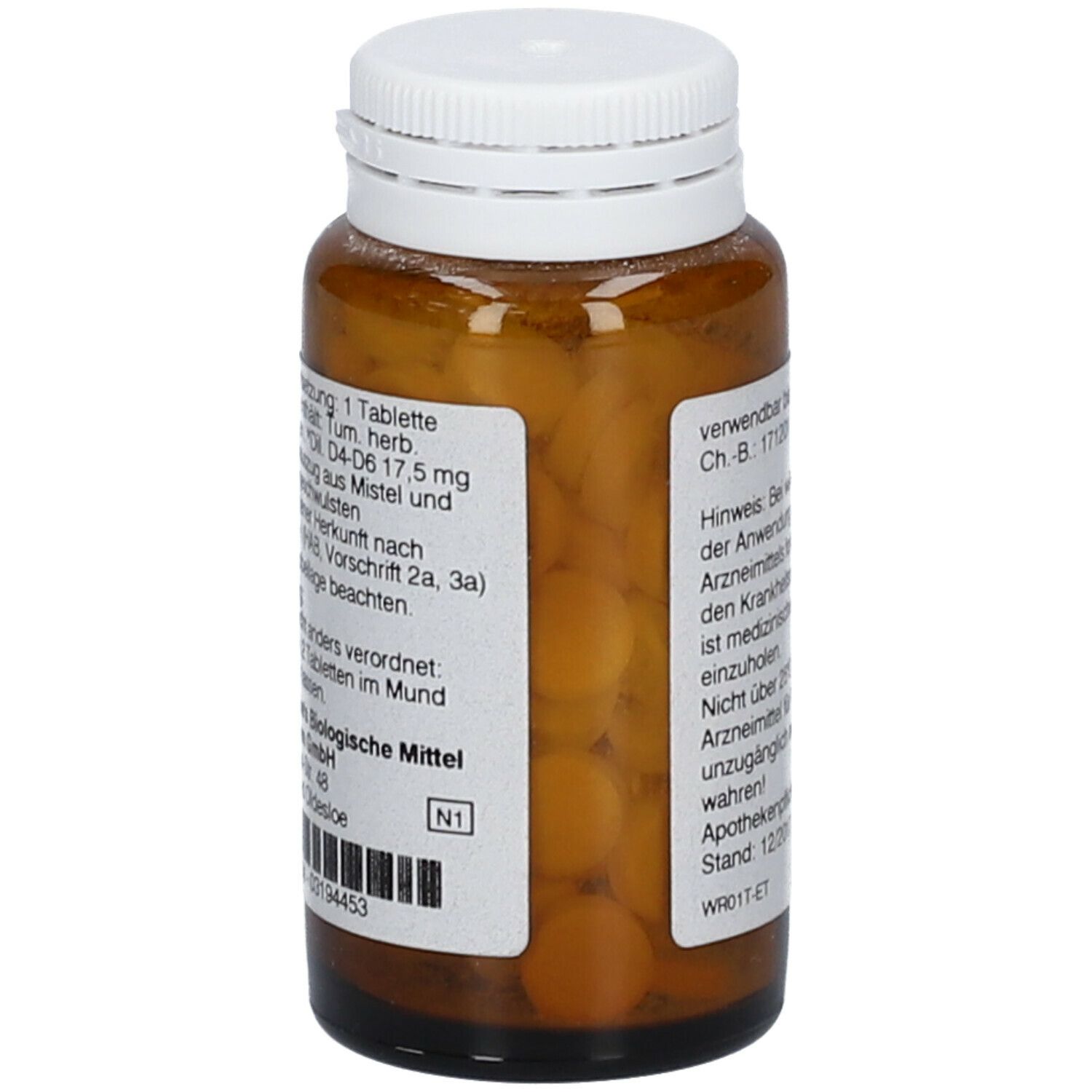 Braune Glasflasche mit weißen Deckel. Etikett mit Produktinformationen. Rabjuven Tabletten. Tabletten sichtbar.