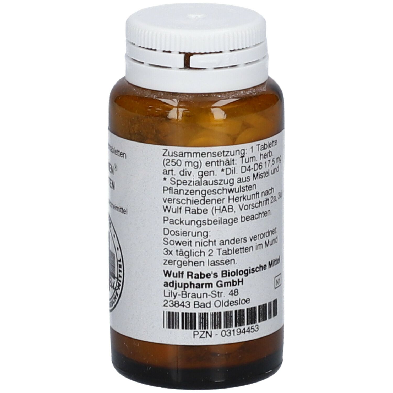 Braune Glasflasche mit weißen Deckel. Etikett mit Produktinformationen. Rabjuven Tabletten. Detailansicht.