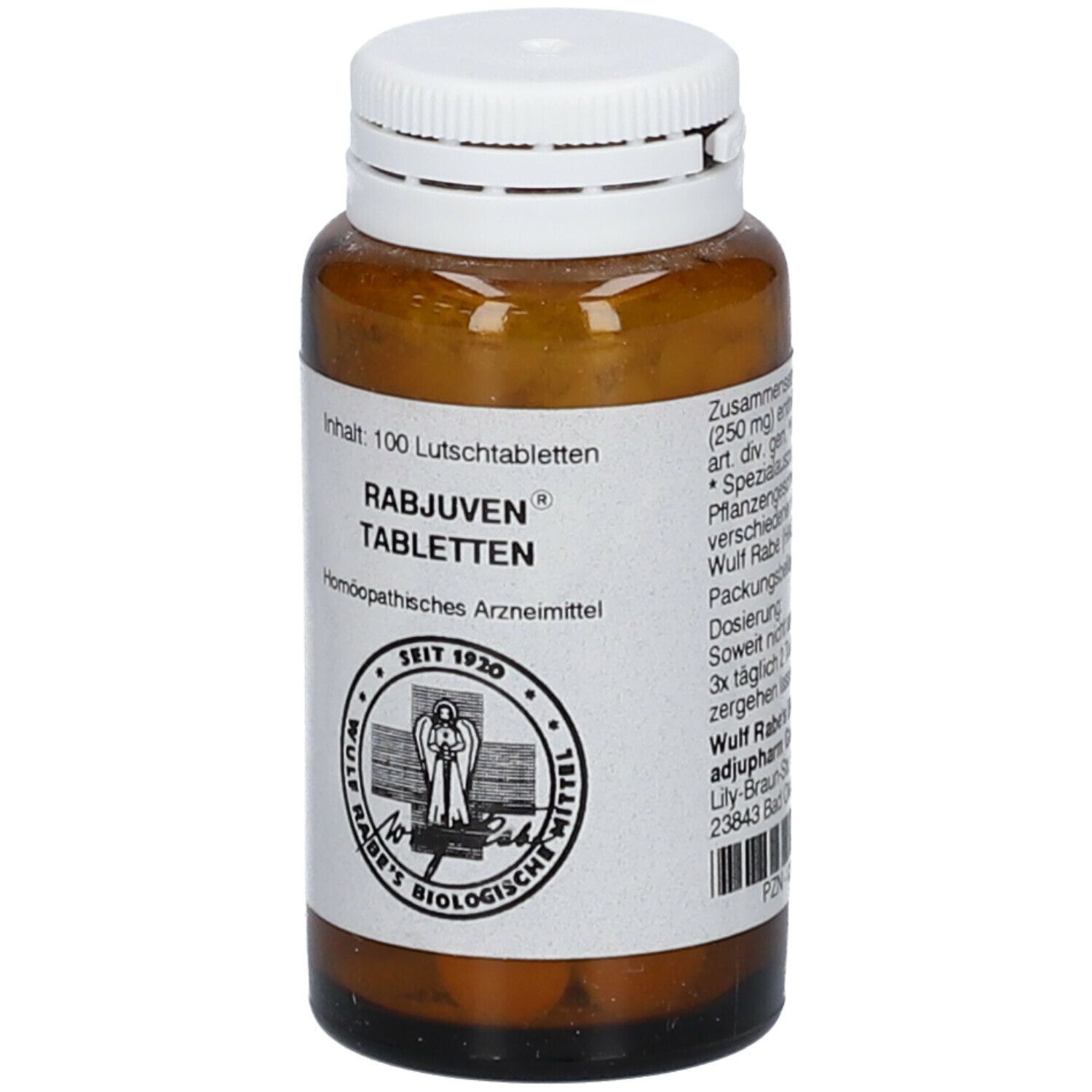Braune Glasflasche mit weißen Deckel. Etikett mit Produktinformationen. Rabjuven Tabletten.