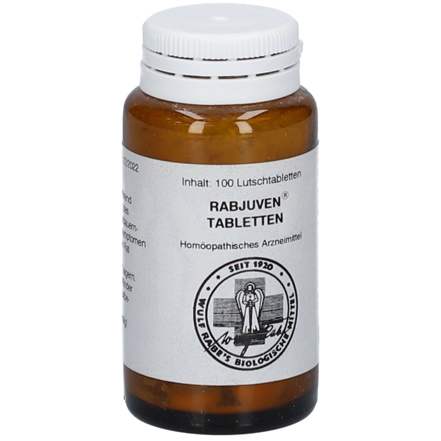 Braune Glasflasche mit weißen Deckel. Etikett mit Produktinformationen. Rabjuven Tabletten.