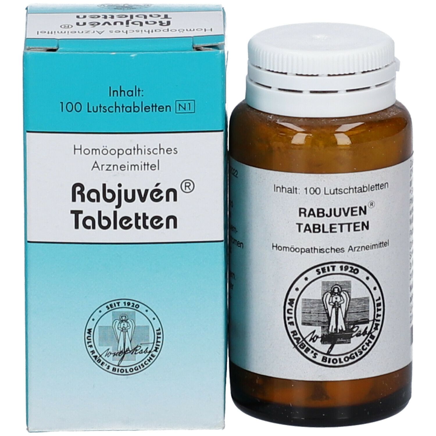 Braune Glasflasche und Schachtel. Rabjuven Tabletten. Schachtel mit Produktinformationen. Homöopathisches Arzneimittel.