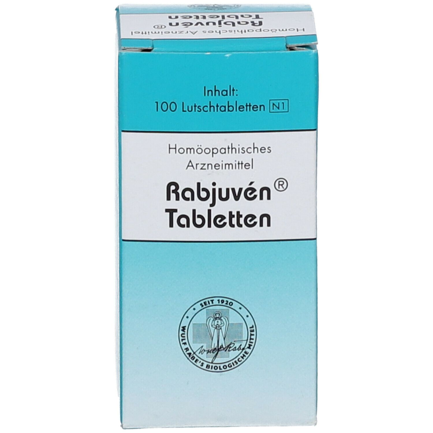 Schachtel mit Produktinformationen. Rabjuven Tabletten. Homöopathisches Arzneimittel. Blaue und weiße Verpackung.