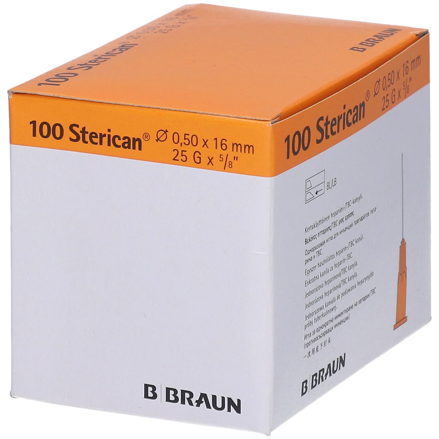 Packung mit 100 Sterican®-Injektionskanülen. Orangefarbene Kanüle, 0,50 x 16 mm, 25 G x 5/8". B. Braun-Logo.