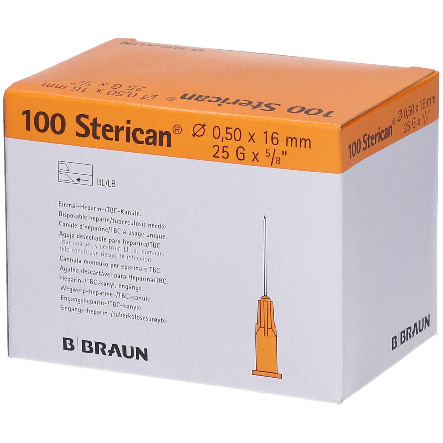 Packung mit 100 Sterican®-Injektionskanülen. Orangefarbene Kanüle, 0,50 x 16 mm, 25 G x 5/8". B. Braun-Logo.
