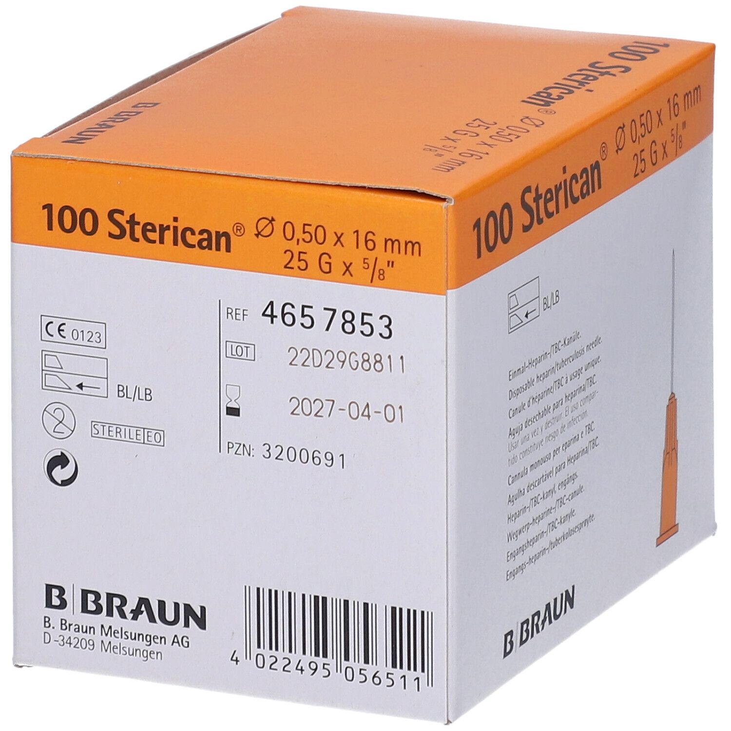 Packung mit 100 Sterican®-Injektionskanülen. Orangefarbene Kanüle, 0,50 x 16 mm, 25 G x 5/8". B. Braun-Logo, CE-Kennzeichnung.