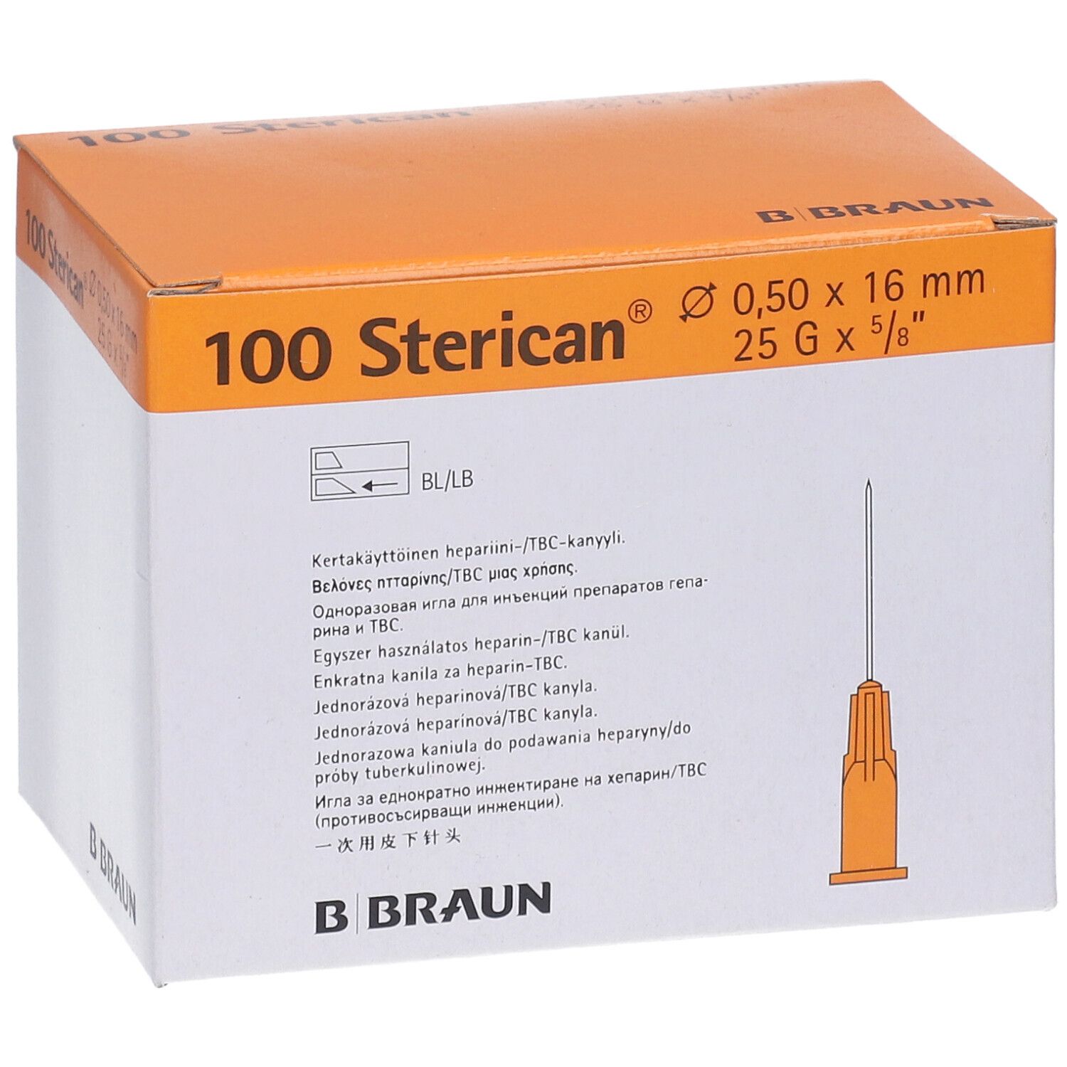 Packung mit 100 Sterican®-Injektionskanülen. Orangefarbene Kanüle, 0,50 x 16 mm, 25 G x 5/8". B. Braun-Logo.