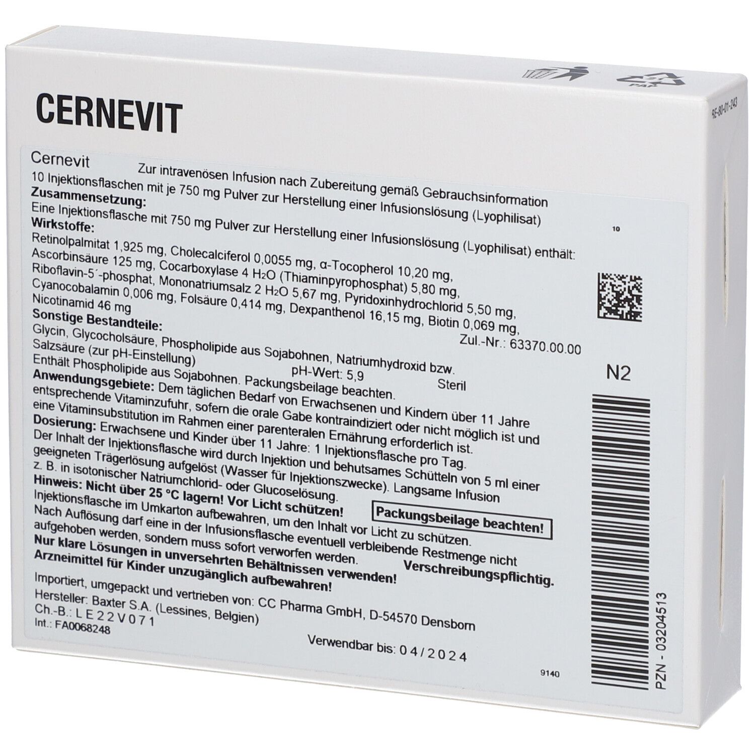 Weiße Schachtel mit Cernevit-Logo und Text. Enthält 10 Injektionsflaschen. Text in Deutsch.