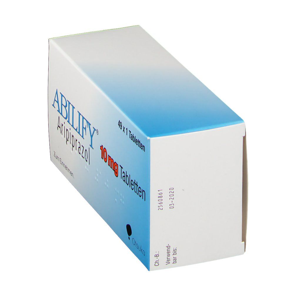 Schachtel ABILIFY 10 mg Tabletten. Aufschrift: Aripiprazol, 49 x 1 Tabletten. Weiße Verpackung mit blauer Oberseite.