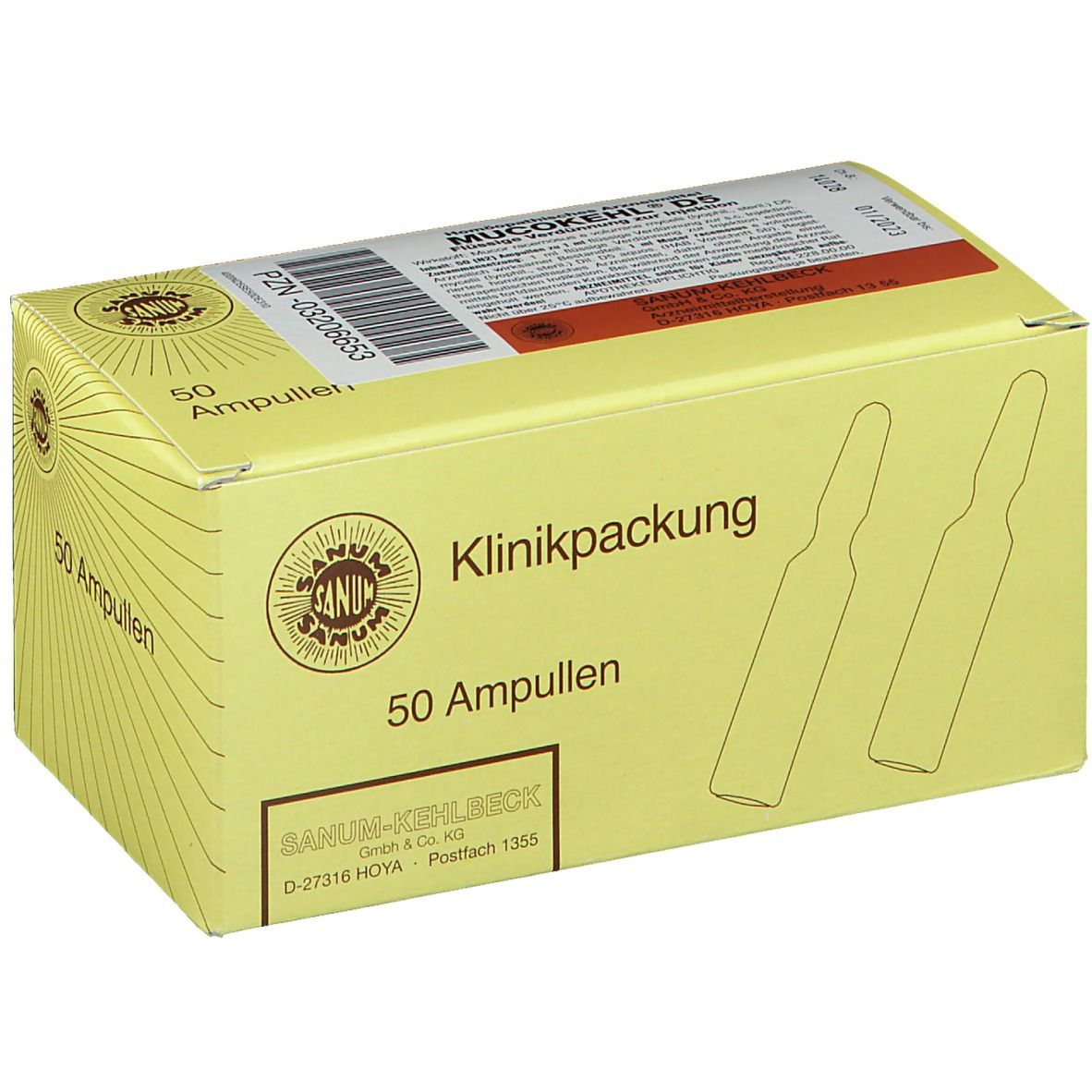 Gelbe Kartonverpackung mit Aufschrift "50 Ampullen". Logo und Schriftzug "SANUM-KEHLBECK".