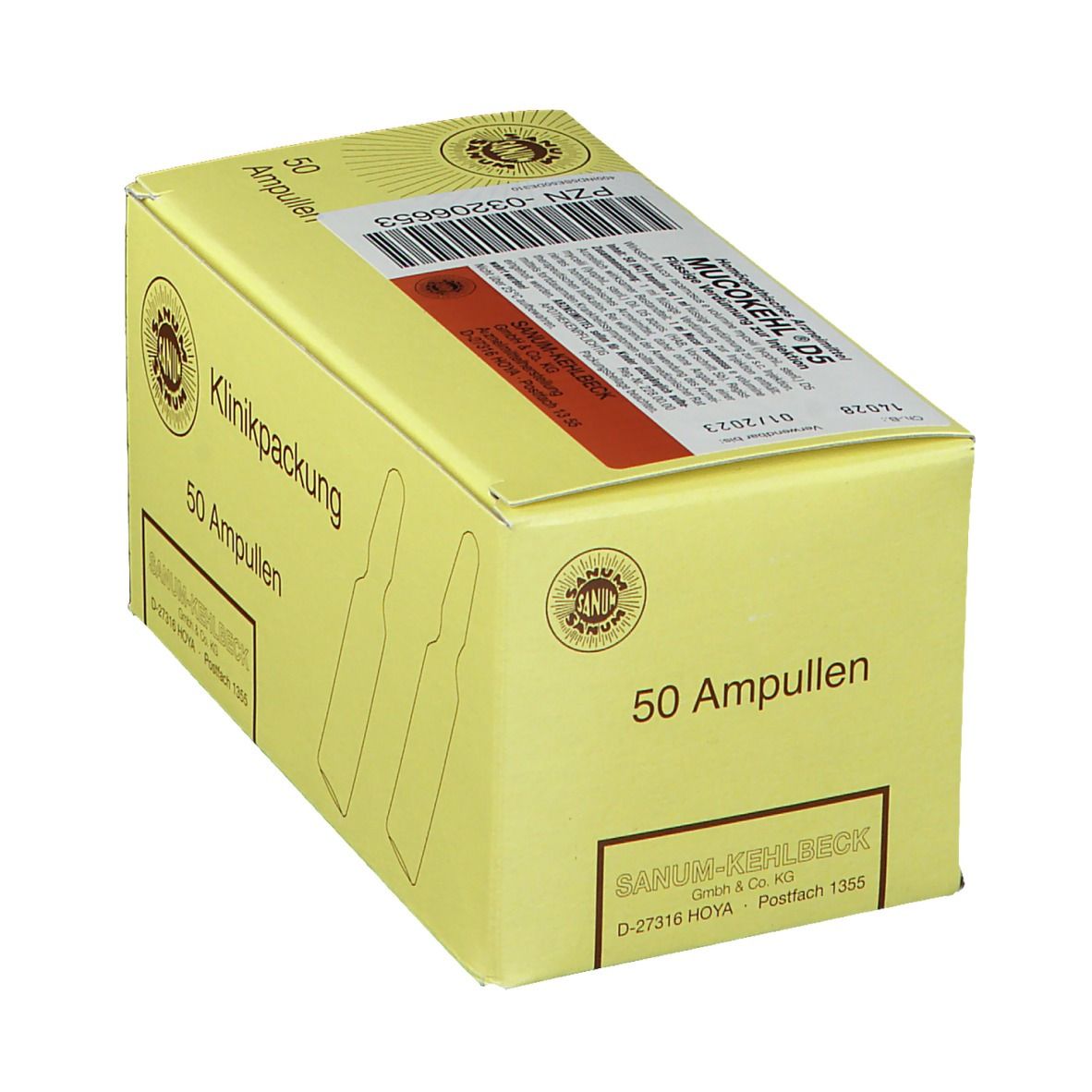Gelbe Kartonverpackung mit Aufschrift "50 Ampullen". Logo und Schriftzug "SANUM-KEHLBECK".