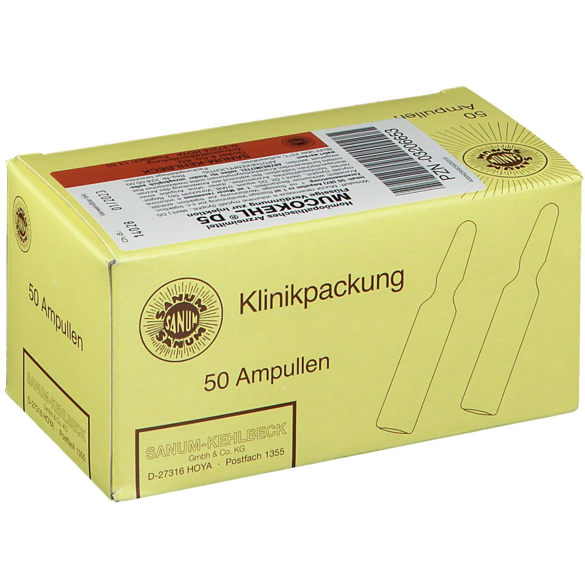 Gelbe Kartonverpackung mit Aufschrift "50 Ampullen". Logo und Schriftzug "SANUM-KEHLBECK".