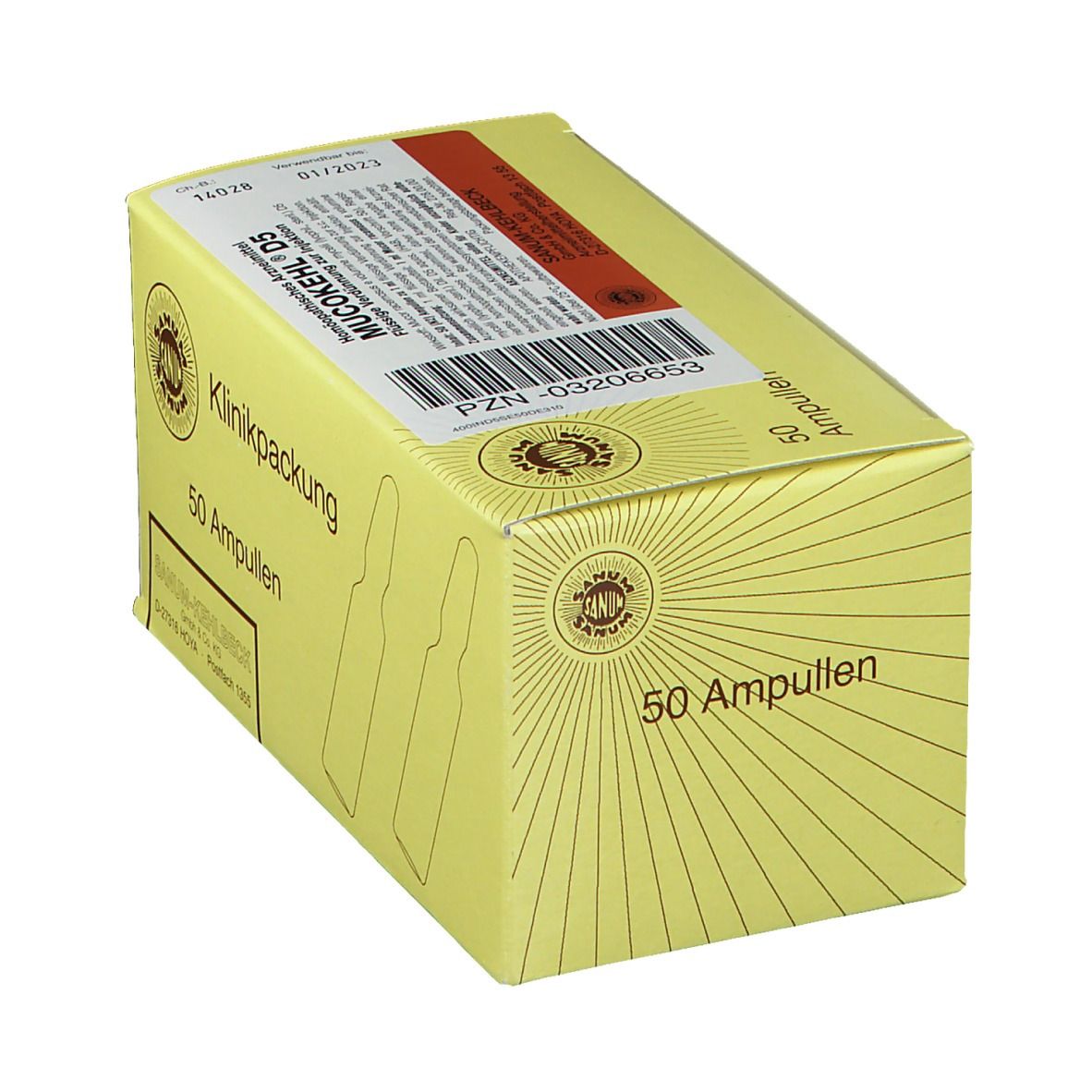 Gelbe Kartonverpackung mit Aufschrift "50 Ampullen". Logo und Schriftzug "SANUM-KEHLBECK".