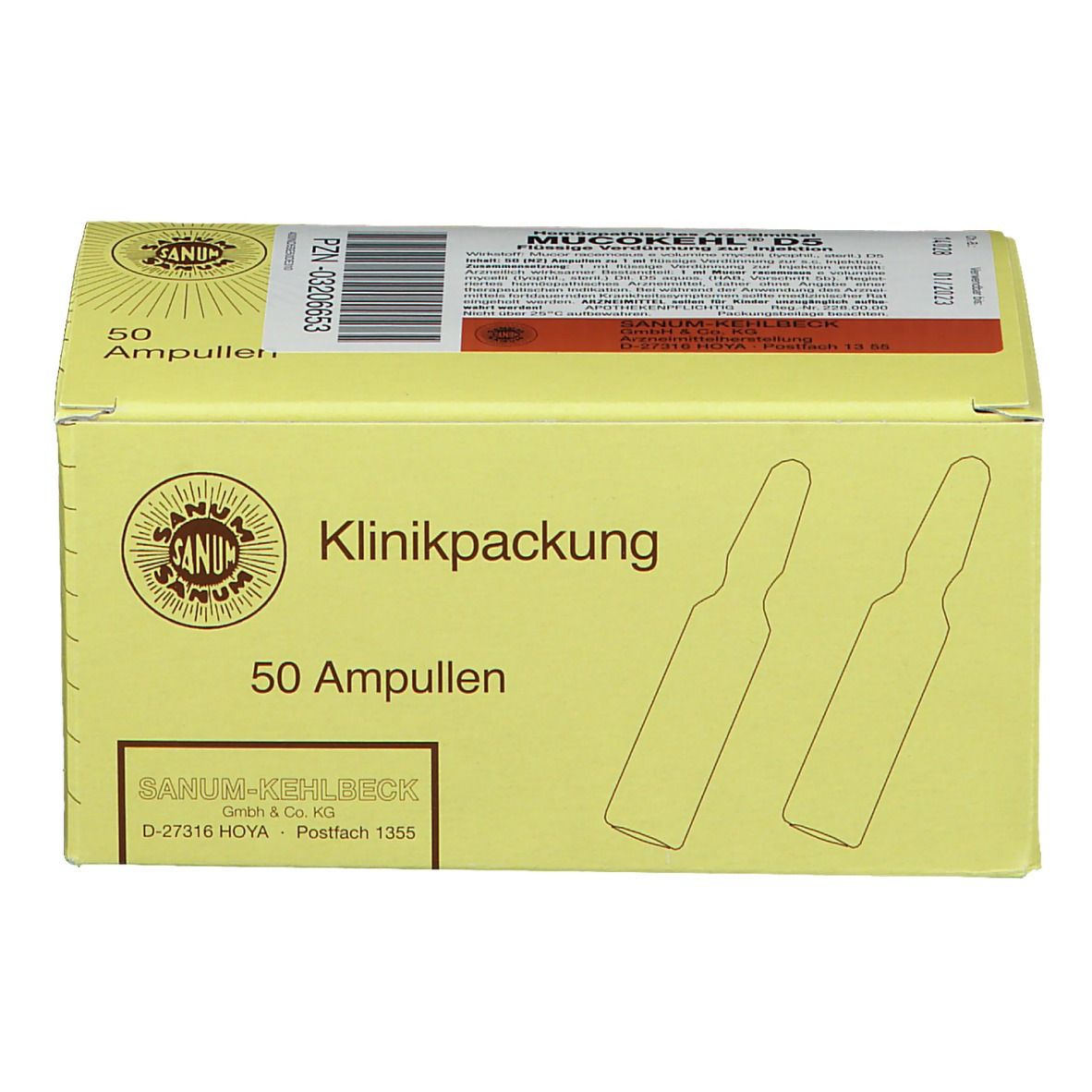 Gelbe Kartonverpackung mit Aufschrift "50 Ampullen". Logo und Schriftzug "SANUM-KEHLBECK".
