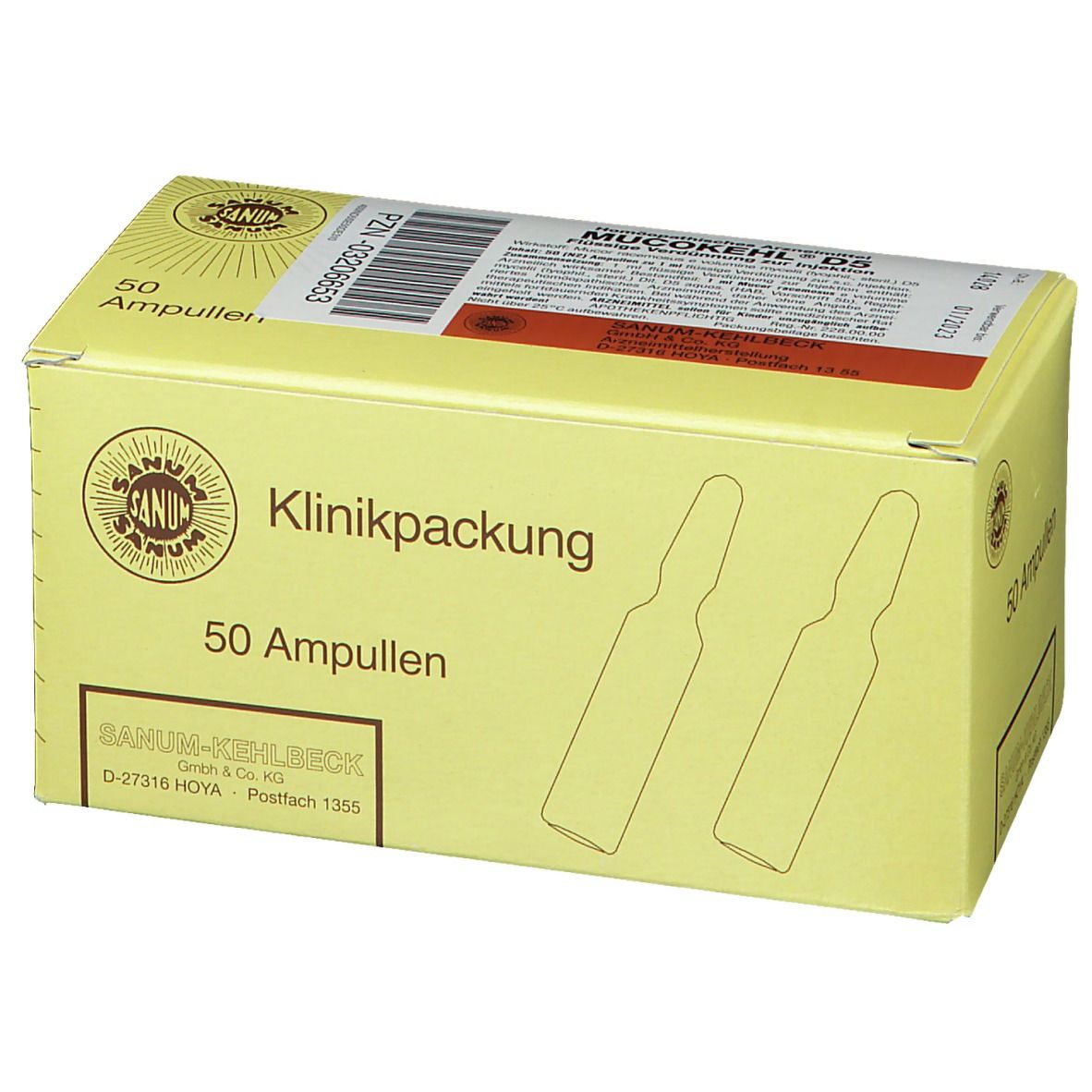 Gelbe Kartonverpackung mit Aufschrift "50 Ampullen". Logo und Schriftzug "SANUM-KEHLBECK".