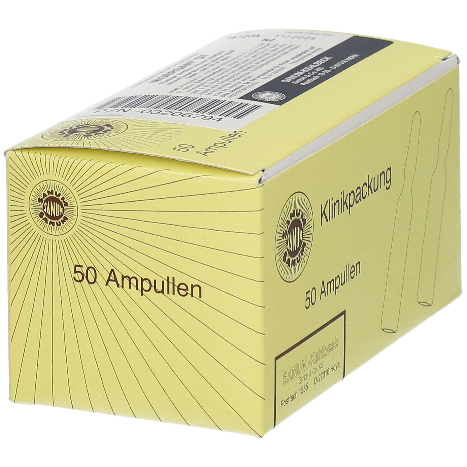 Gelbe Kartonverpackung mit Aufschrift "Klinikpackung" und "50 Ampullen". Sanum-Logo und Ampullen-Zeichnung.