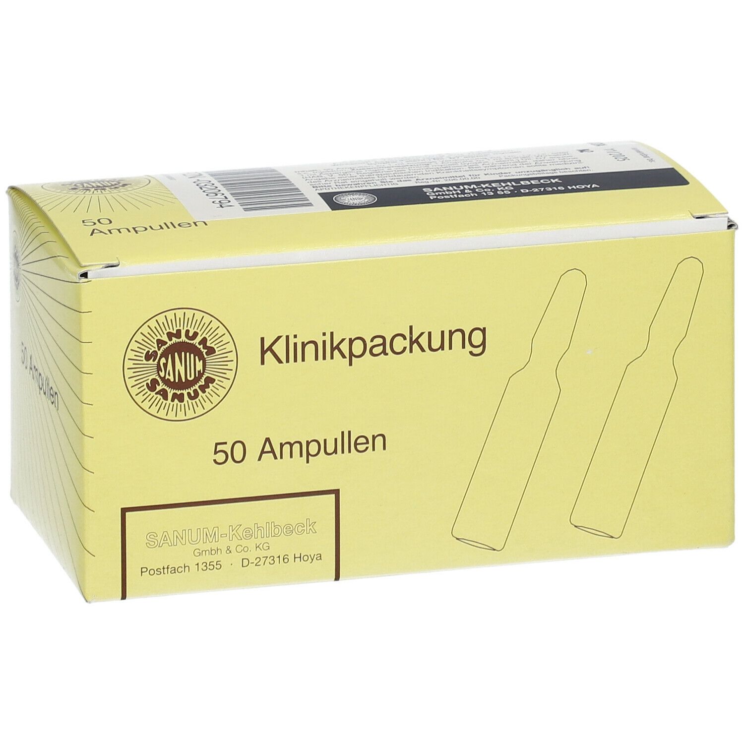 Gelbe Kartonverpackung mit Aufschrift "Klinikpackung" und "50 Ampullen". Sanum-Logo und Ampullen-Zeichnung.