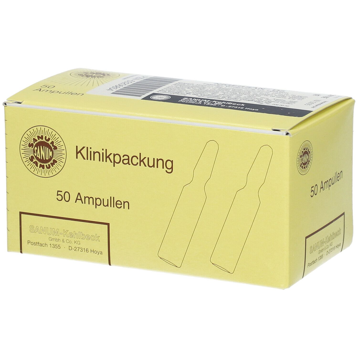 Gelbe Kartonverpackung mit Aufschrift "Klinikpackung" und "50 Ampullen". Logo und Ampullen-Illustration.