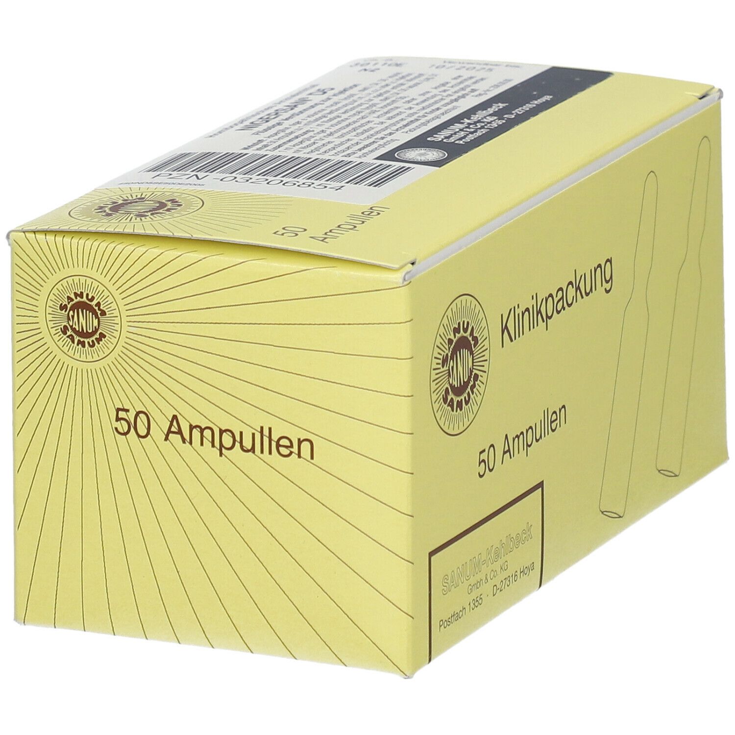 Gelbe Kartonverpackung mit Aufschrift "Klinikpackung" und "50 Ampullen". Logo und Ampullen-Illustration.